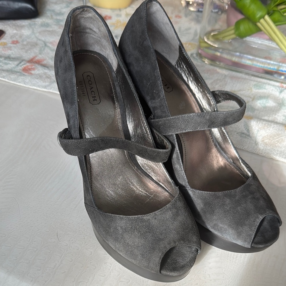 Coach Gray Suede Mary Jane Heels